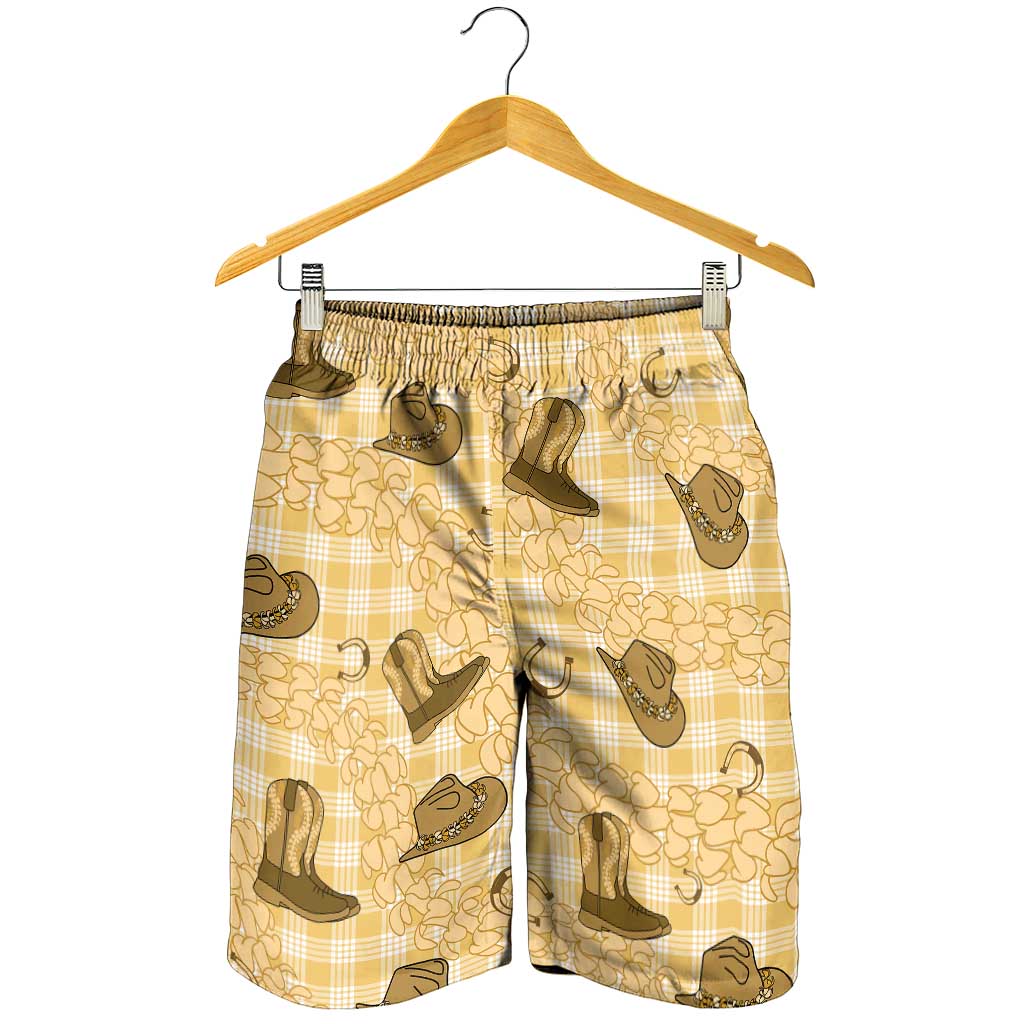 Yellow Palaka Hawaii Cowboy Shorts for Men Puakenikeni Lei Paniolo Papale Seamless Vibes - Polynesian Pride