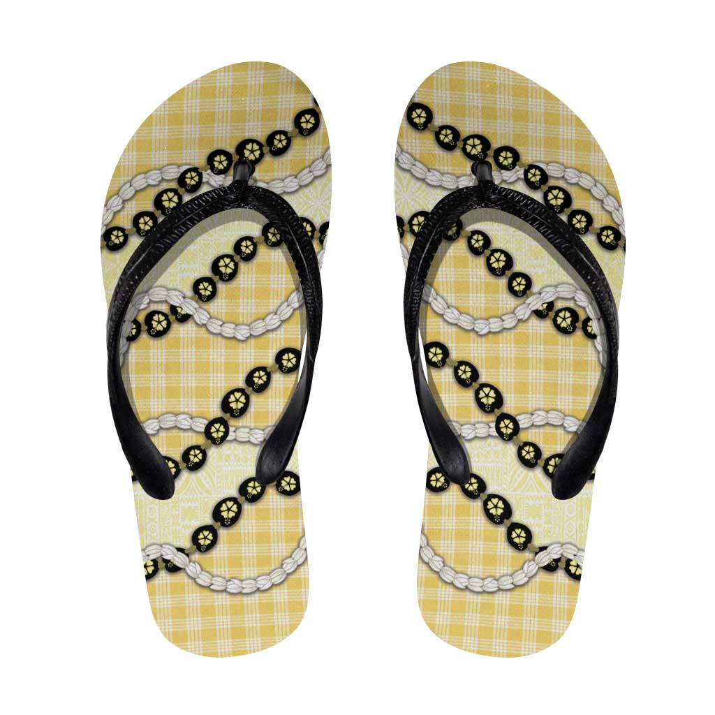 Yellow Palaka Hawaii Flip Flops Kukui Nut Pikake Lei Hawaiian Tapa Pattern - Polynesian Pride