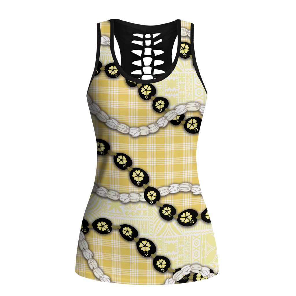Yellow Palaka Hawaii Hollow Tank Top Kukui Nut Pikake Lei Hawaiian Tapa Pattern LT14 Female Yellow - Polynesian Pride