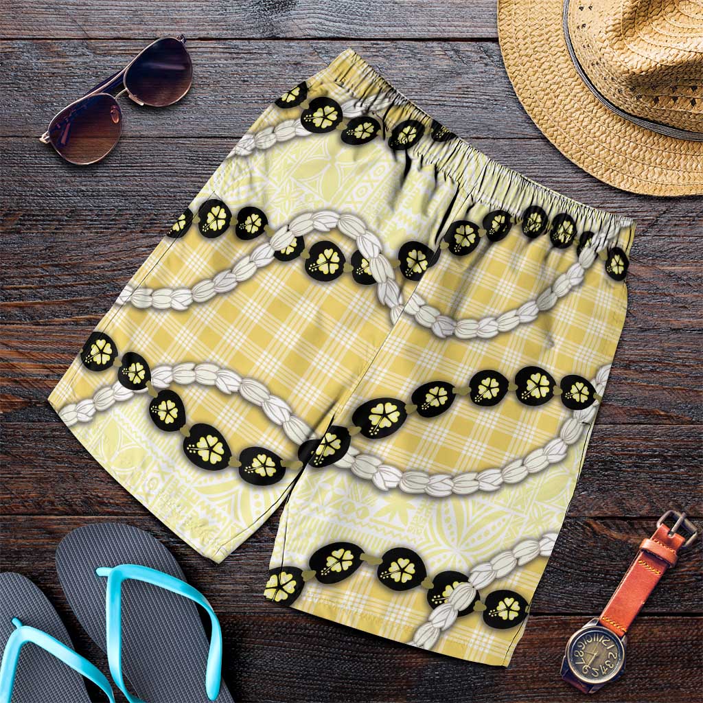 Yellow Palaka Hawaii Shorts for Men Kukui Nut Pikake Lei Hawaiian Tapa Pattern LT14 Yellow - Polynesian Pride