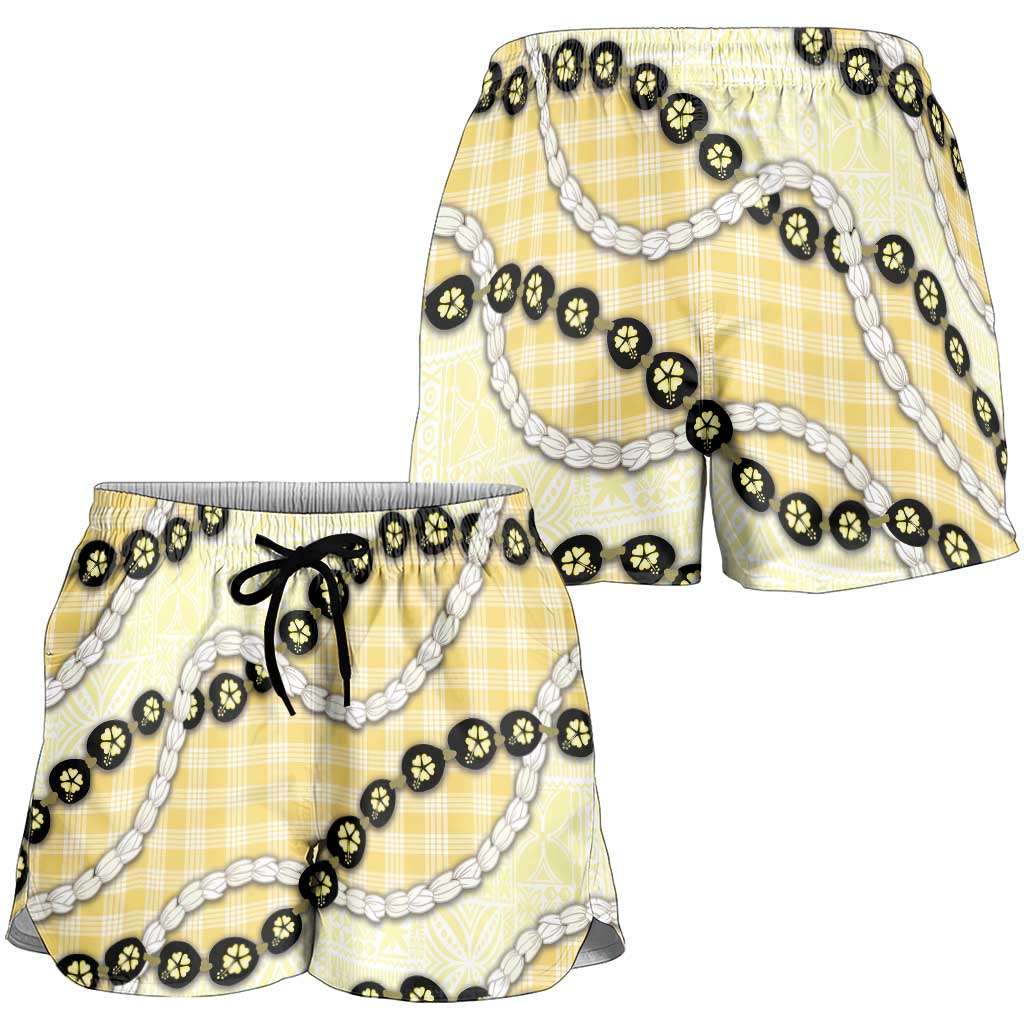 Yellow Palaka Hawaii Shorts for Women Kukui Nut Pikake Lei Hawaiian Tapa Pattern LT14 - Polynesian Pride
