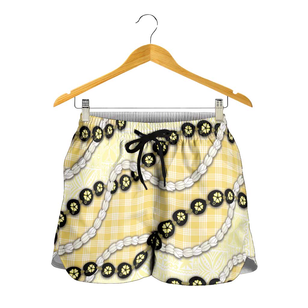 Yellow Palaka Hawaii Shorts for Women Kukui Nut Pikake Lei Hawaiian Tapa Pattern LT14 - Polynesian Pride