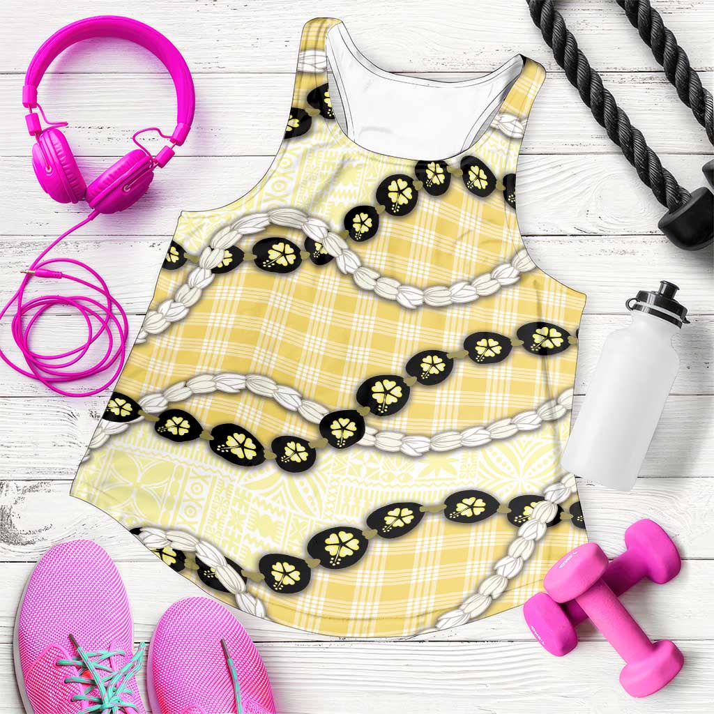 Yellow Palaka Hawaii Women Racerback Tank Kukui Nut Pikake Lei Hawaiian Tapa Pattern LT14 Yellow - Polynesian Pride