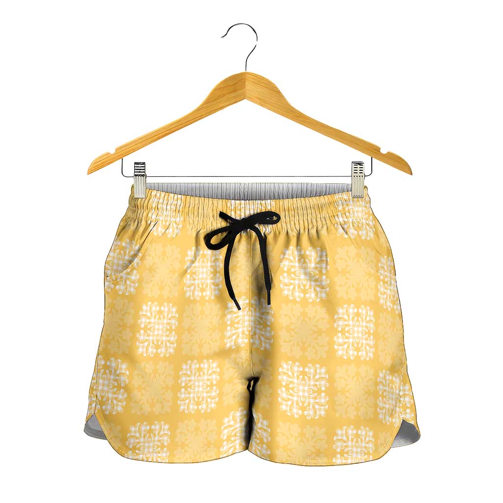 Yellow Palaka Quilt Hawaii Shorts for Women Traditional Hawaii-plaid Pattern - Polynesian Pride