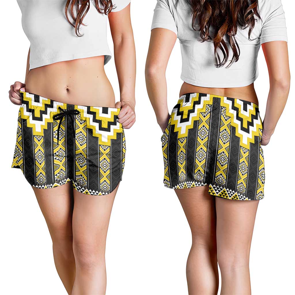 Yellow Taniko Aotearoa Shorts for Women Niho Taniwha Mix Poutama LT14 - Polynesian Pride
