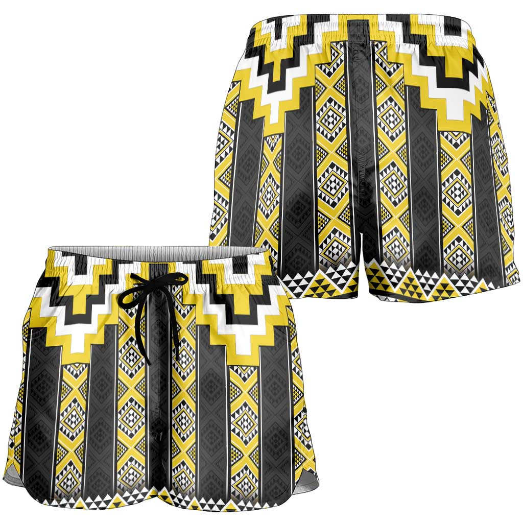 Yellow Taniko Aotearoa Shorts for Women Niho Taniwha Mix Poutama LT14 - Polynesian Pride