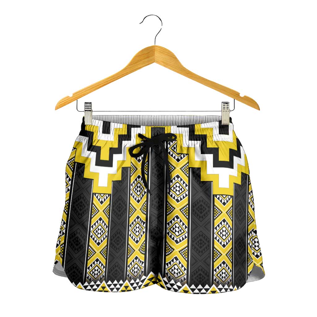 Yellow Taniko Aotearoa Shorts for Women Niho Taniwha Mix Poutama LT14 - Polynesian Pride