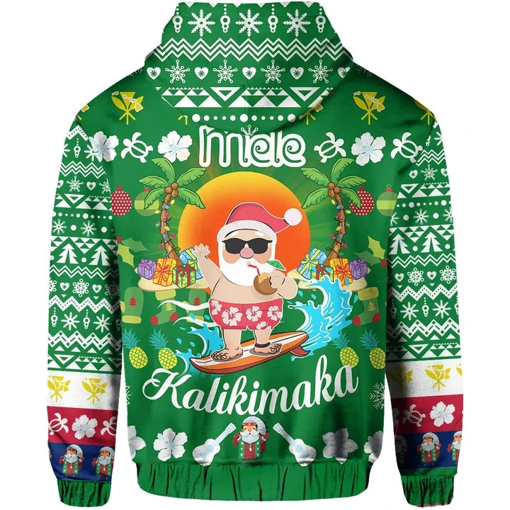 Hawaii Mele Kalikimaka Santa Claus Pattern Christmas Hoodie Green Labo Style RLT13 - Polynesian Pride