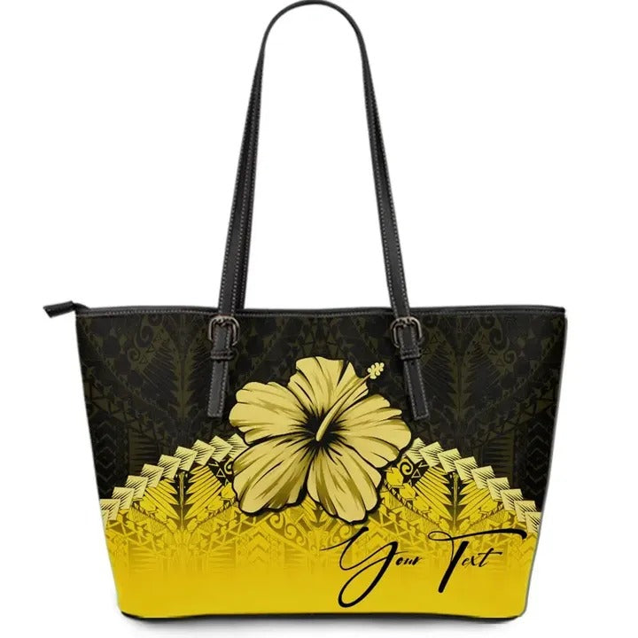 (Custom Personalised) Polynesian Leather Tote Bag Hibiscus Personal Signature Yellow - Polynesian Pride