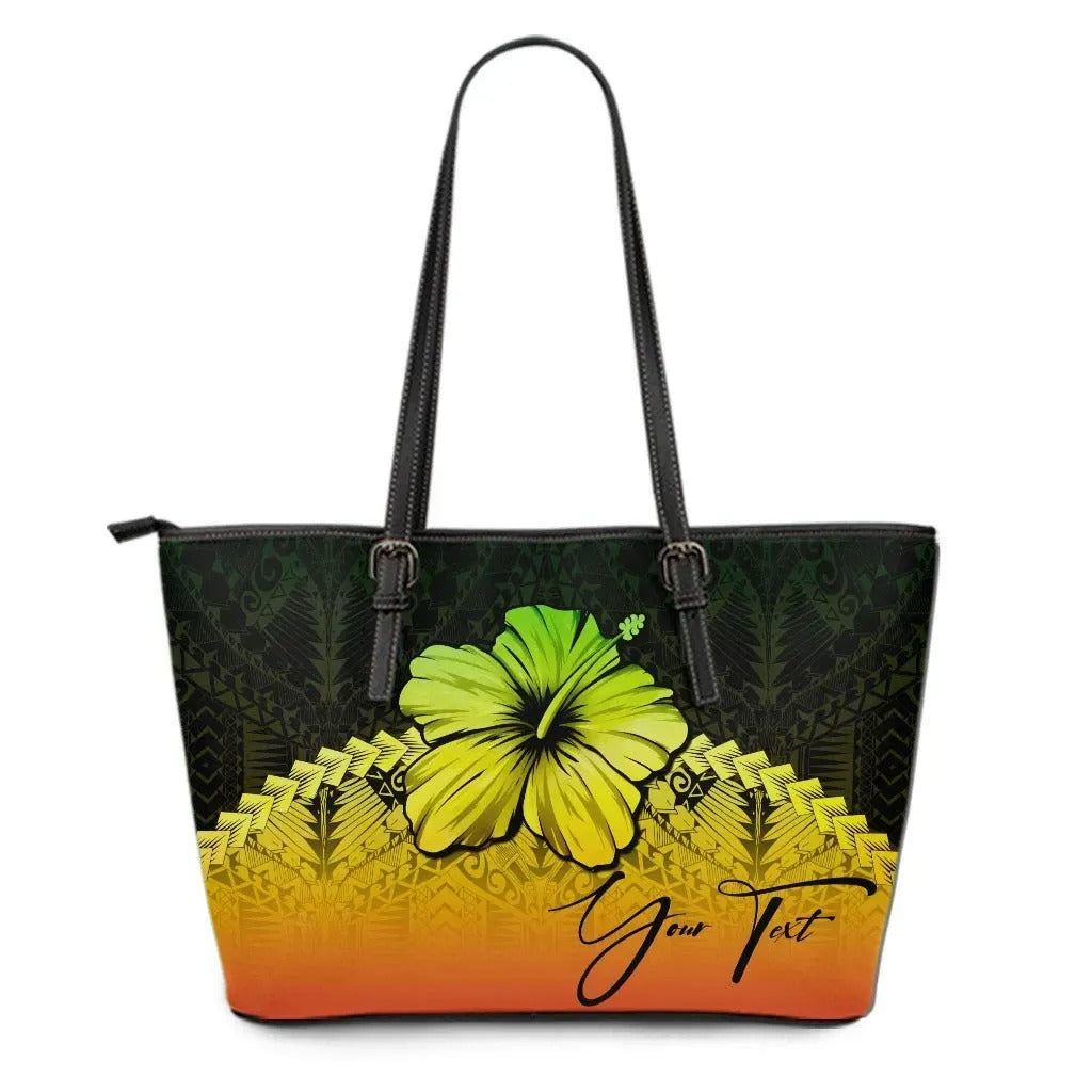 (Custom Personalised) Polynesian Leather Tote Bag Hibiscus Personal Signature Reggae Reggae - Polynesian Pride