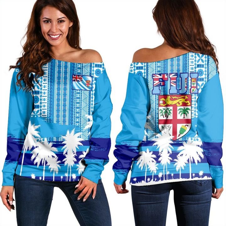 Fiji Off Shoulder Sweater Fijian Tapa Flag Blue - Polynesian Pride