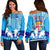 Fiji Off Shoulder Sweater Fijian Tapa Flag Blue - Polynesian Pride