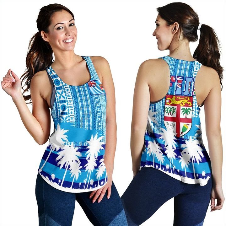 Fiji Women Tank - Fijian Tapa Flag Women Racerback Tank Blue - Polynesian Pride