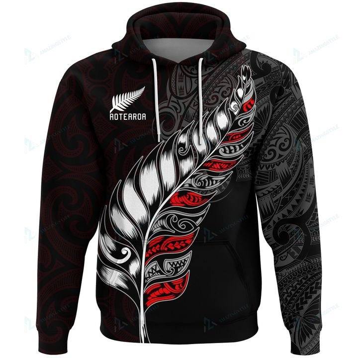 New Zealand Aotearoa Hoodie, Maori Silver Fern Hei Tiki Kiwi Unisex Black - Polynesian Pride