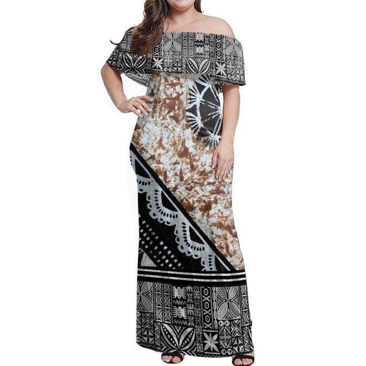 Fiji Masi Brown Off Shoulder Long Dress Women Black - Polynesian Pride