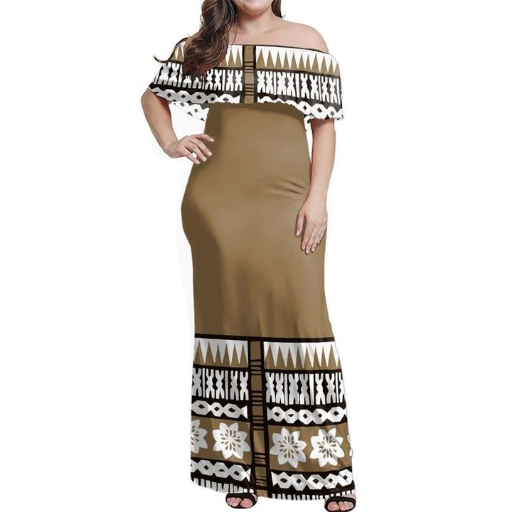 Fiji Bula Dress - Ethnic Tree Off Shoulder Long Dress Women Brown - Polynesian Pride