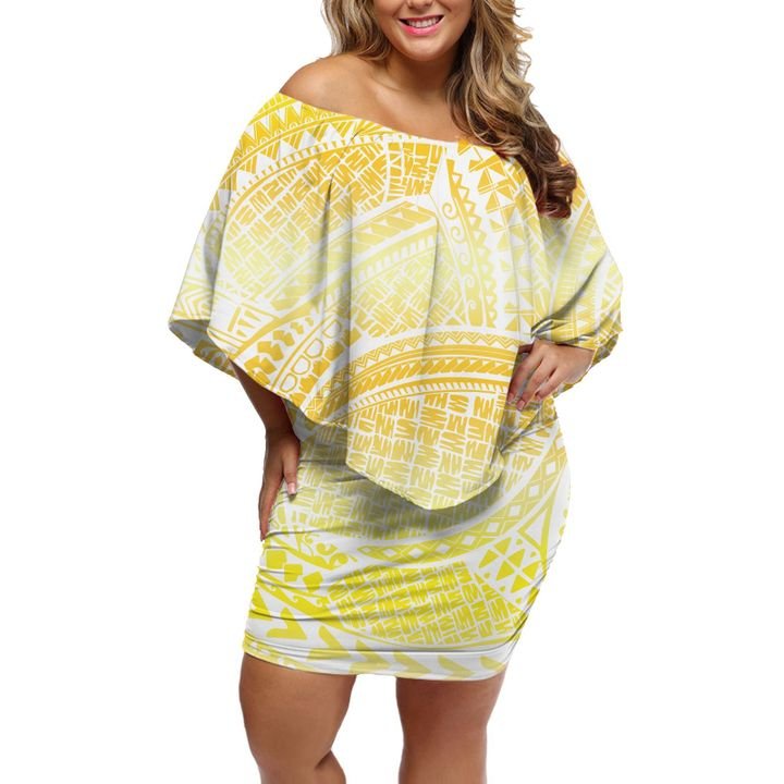 Polynesian Pride Dress - Polynesian Fala Yellow White Off Shoulder Short Dress Women Yellow - Polynesian Pride