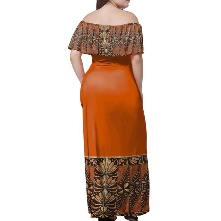 Tonga Ngatu Pattern Orange Off Shoulder Long Dress - Polynesian Pride