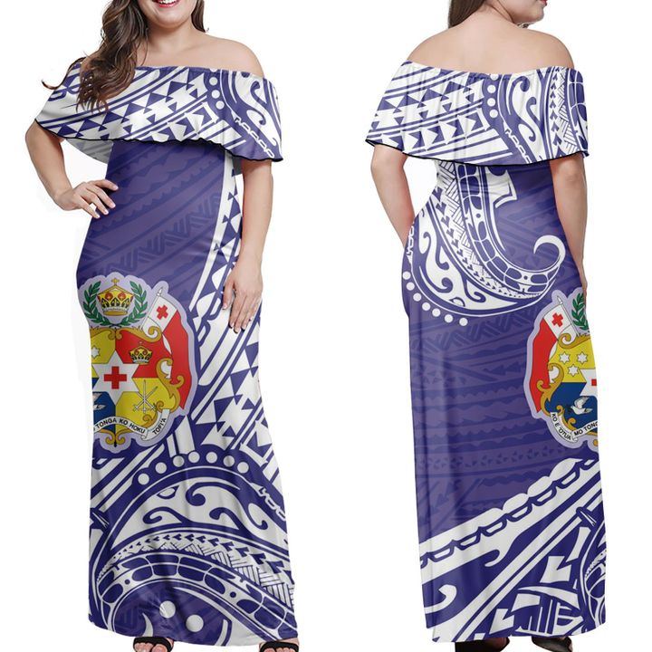 Sila Tonga Polynesian Pattern Blue Off Shoulder Long Dress Women Blue - Polynesian Pride