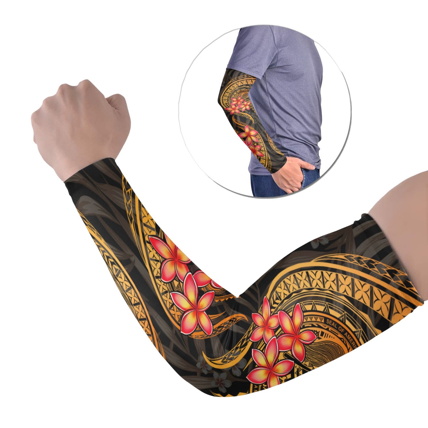 American Samoa Polynesian Arm Sleeve - Gold Plumeria Set of 2 GOLD - Polynesian Pride