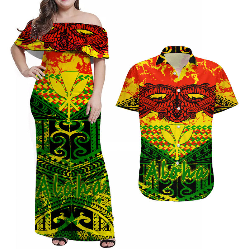 Hawaiian Tribal Kanaka Maoli Matching Dress and Hawaiian Shirt Reggae Polynesian Version LT9 Reggae - Polynesian Pride