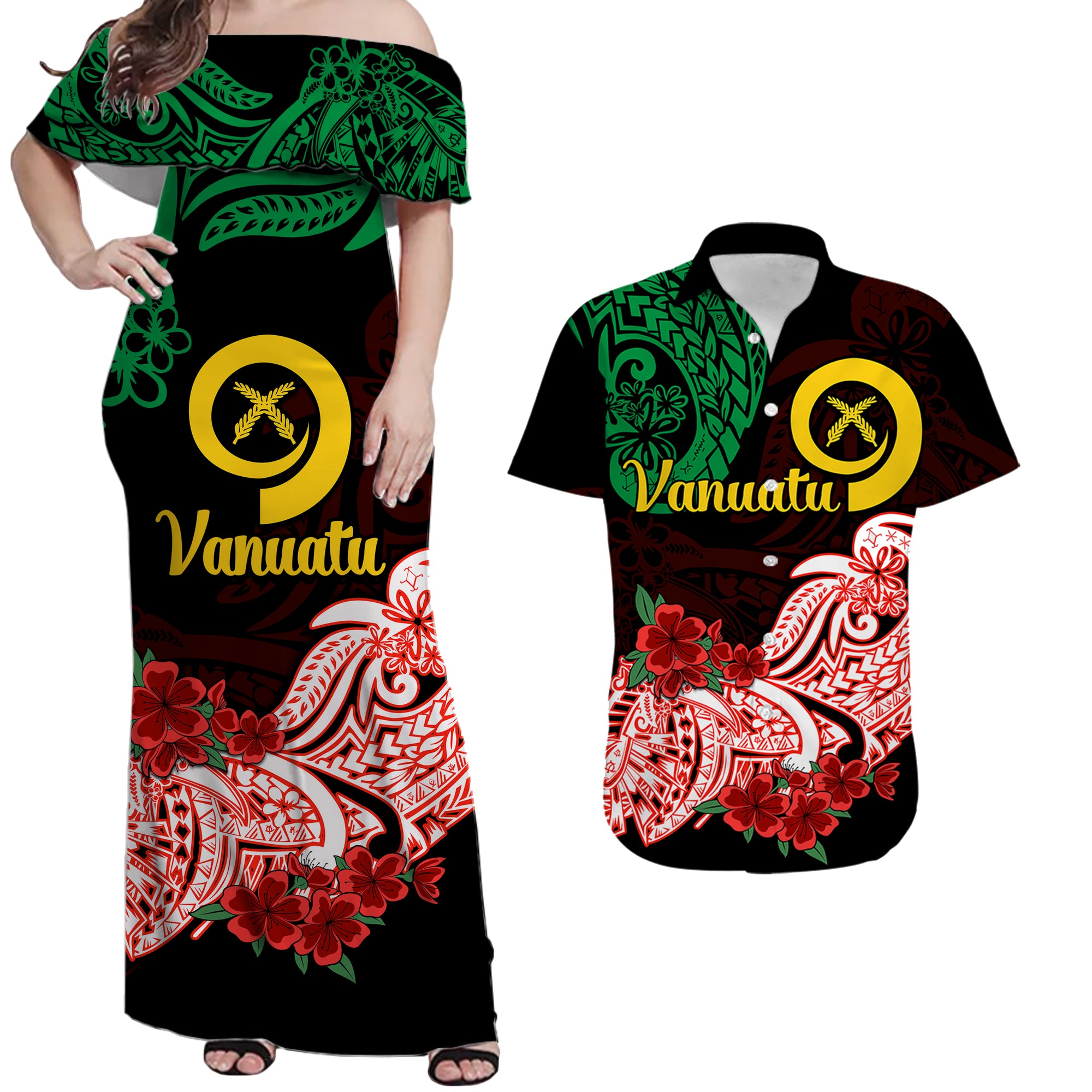 Vanuatu Matching Hawaiian Shirt and Dress Polynesian Flower Tribal LT9 Green - Polynesian Pride