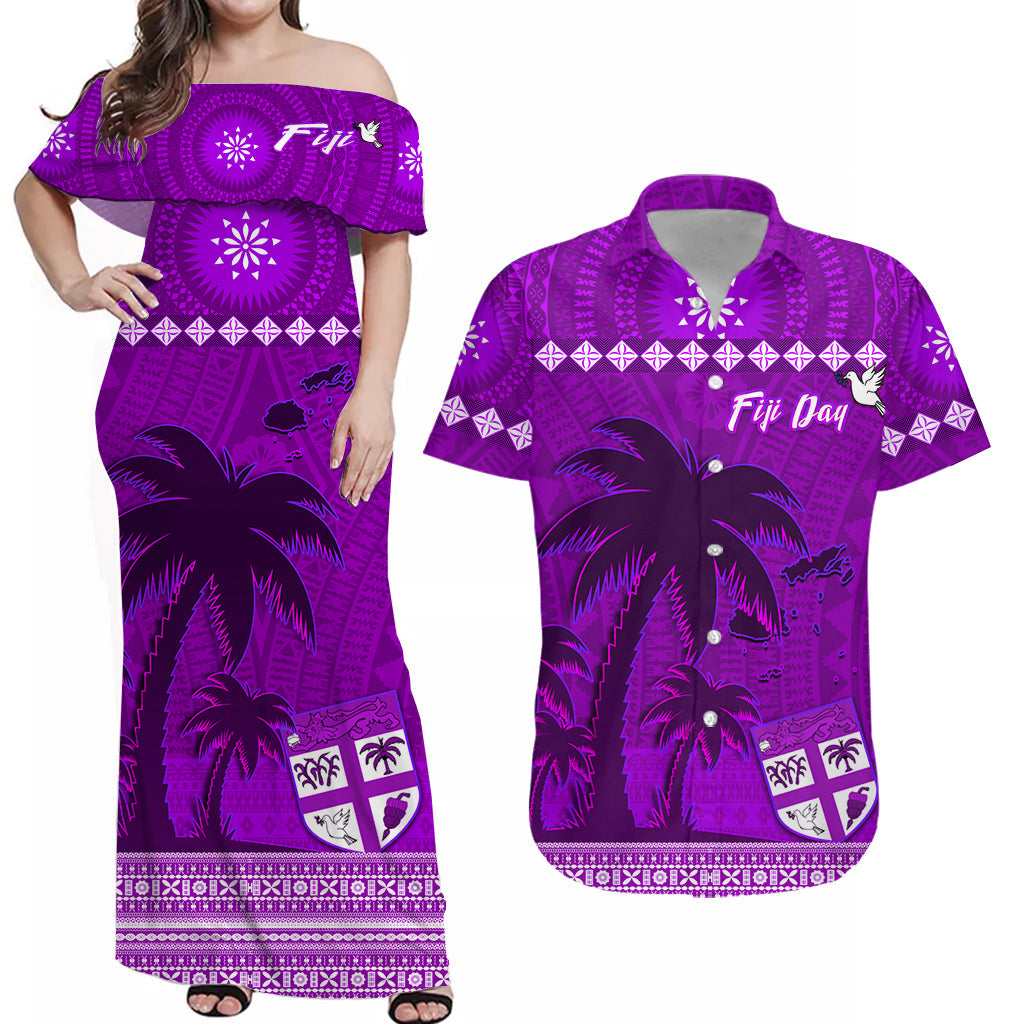 Custom Bula Fiji Matching Hawaiian Shirt and Dress Fijian Tapa Patterns with Palm Tree Purple LT13 Purple - Polynesian Pride