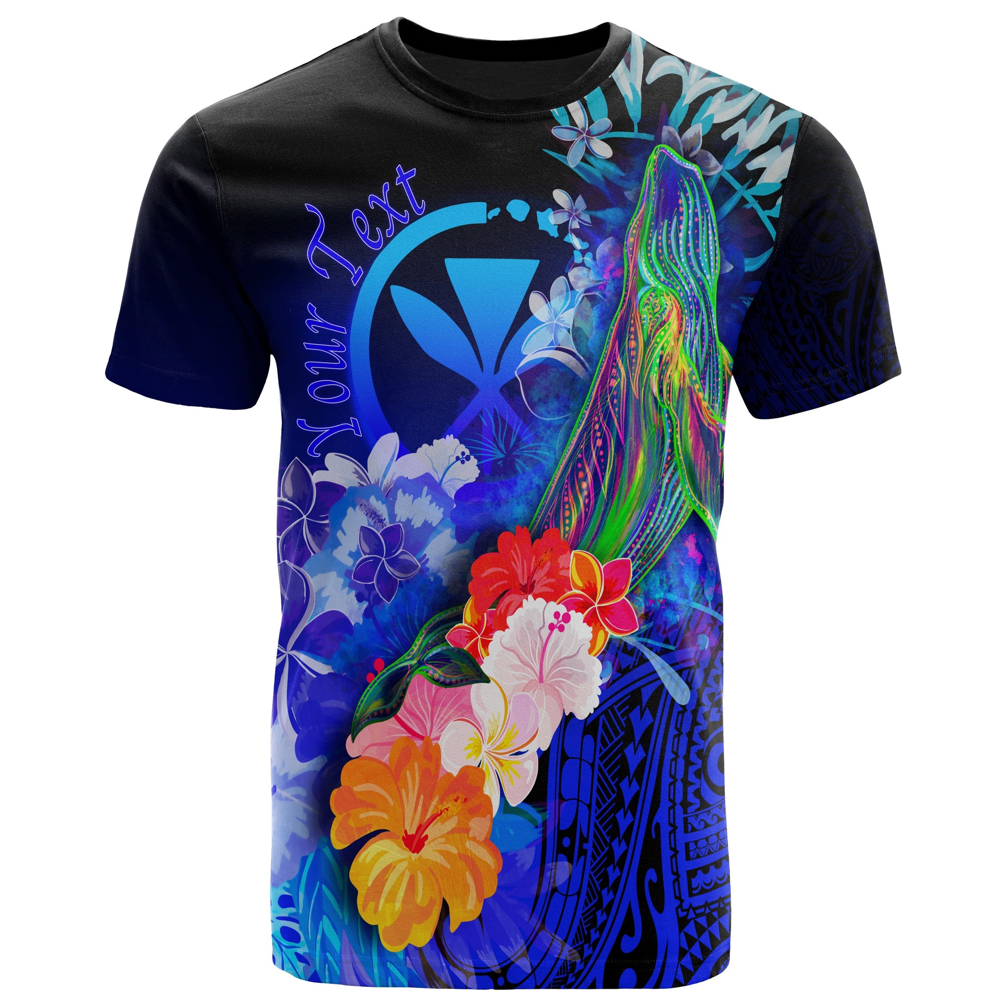 Polynesian Hawaii Custom T Shirts Kanaka Maoli Humpback Whale with Tropical Flowers (Blue) Unisex Blue - Polynesian Pride