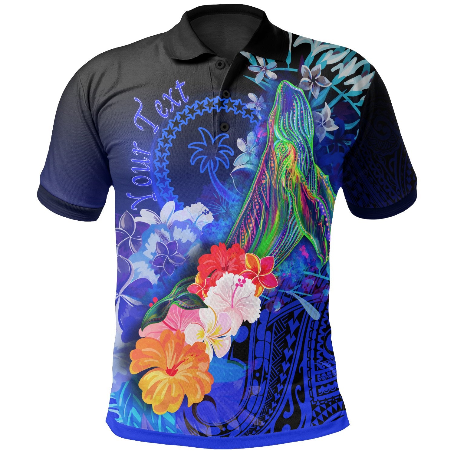 Custom Chuuk Polo Shirt Humpback Whale with Tropical Flowers (Blue) Unisex Blue - Polynesian Pride