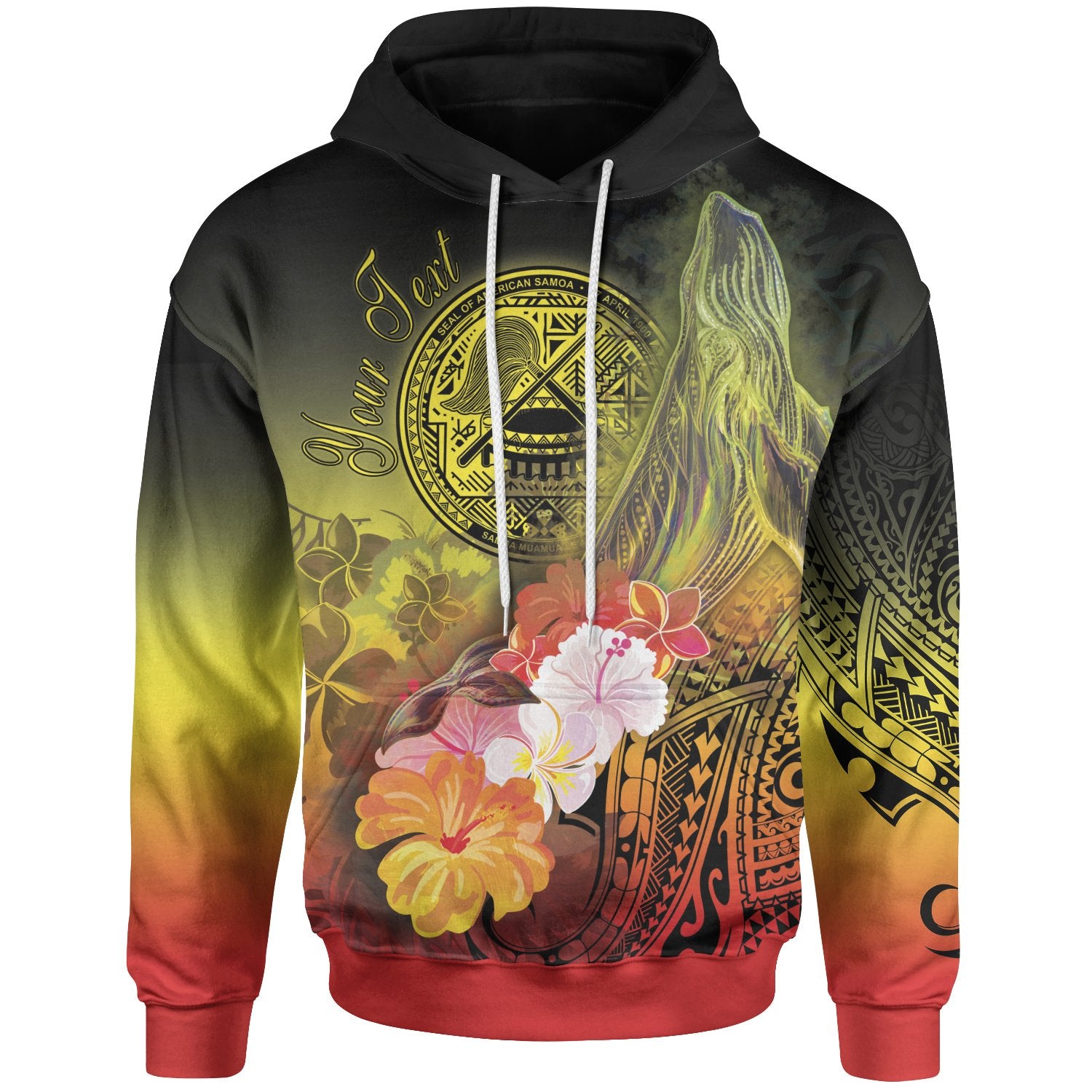 American Samoa Polynesian Custom Hoodie Humpback Whale with Tropical Flowers Unisex Blue - Polynesian Pride