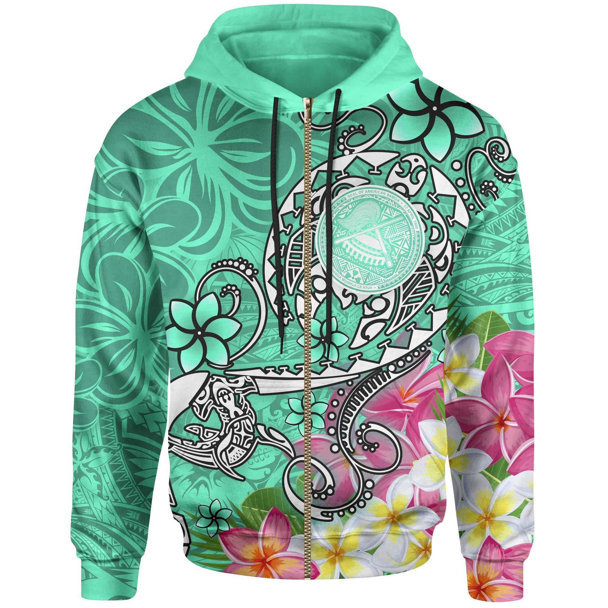 American Samoa Polynesian Zip up Hoodie Turtle Plumeria (Turquoise) Unisex Turquoise - Polynesian Pride