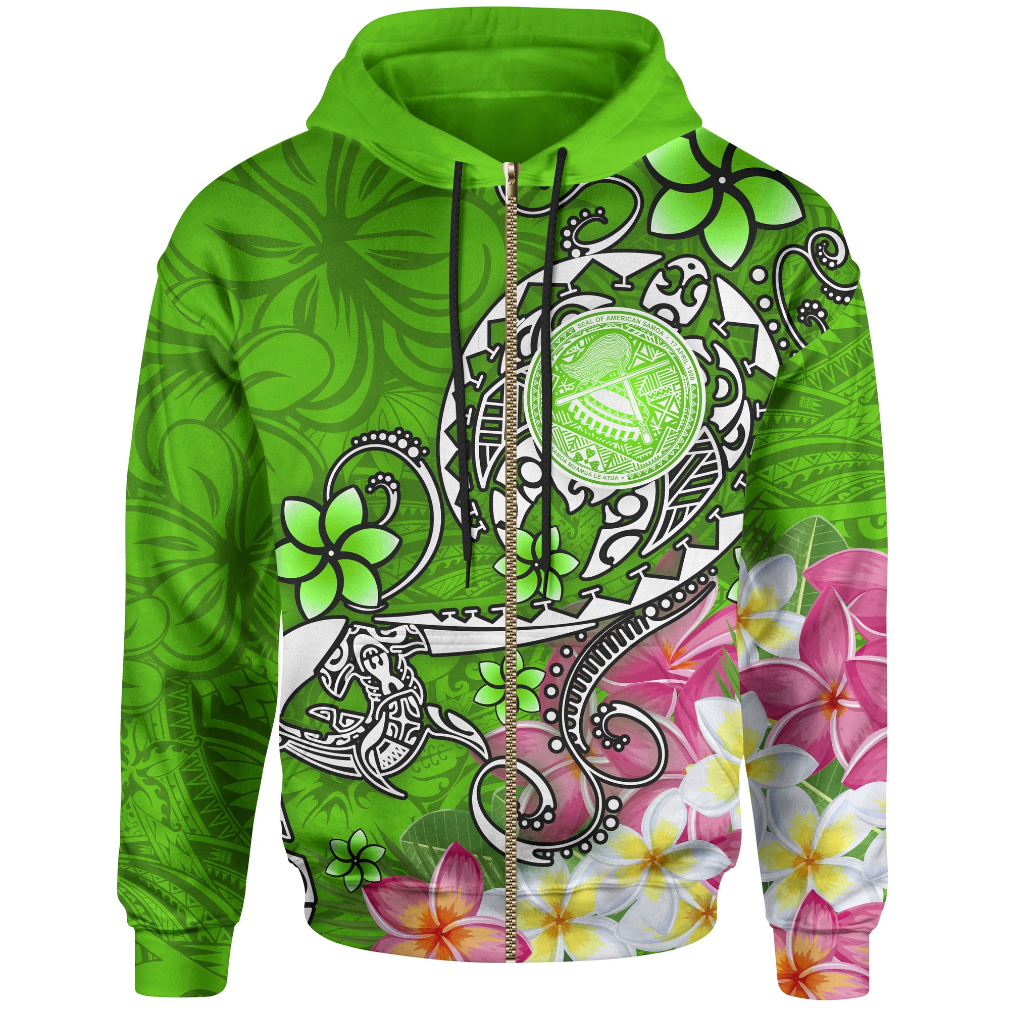 American Samoa Polynesian Zip up Hoodie Turtle Plumeria (Green) Unisex Green - Polynesian Pride