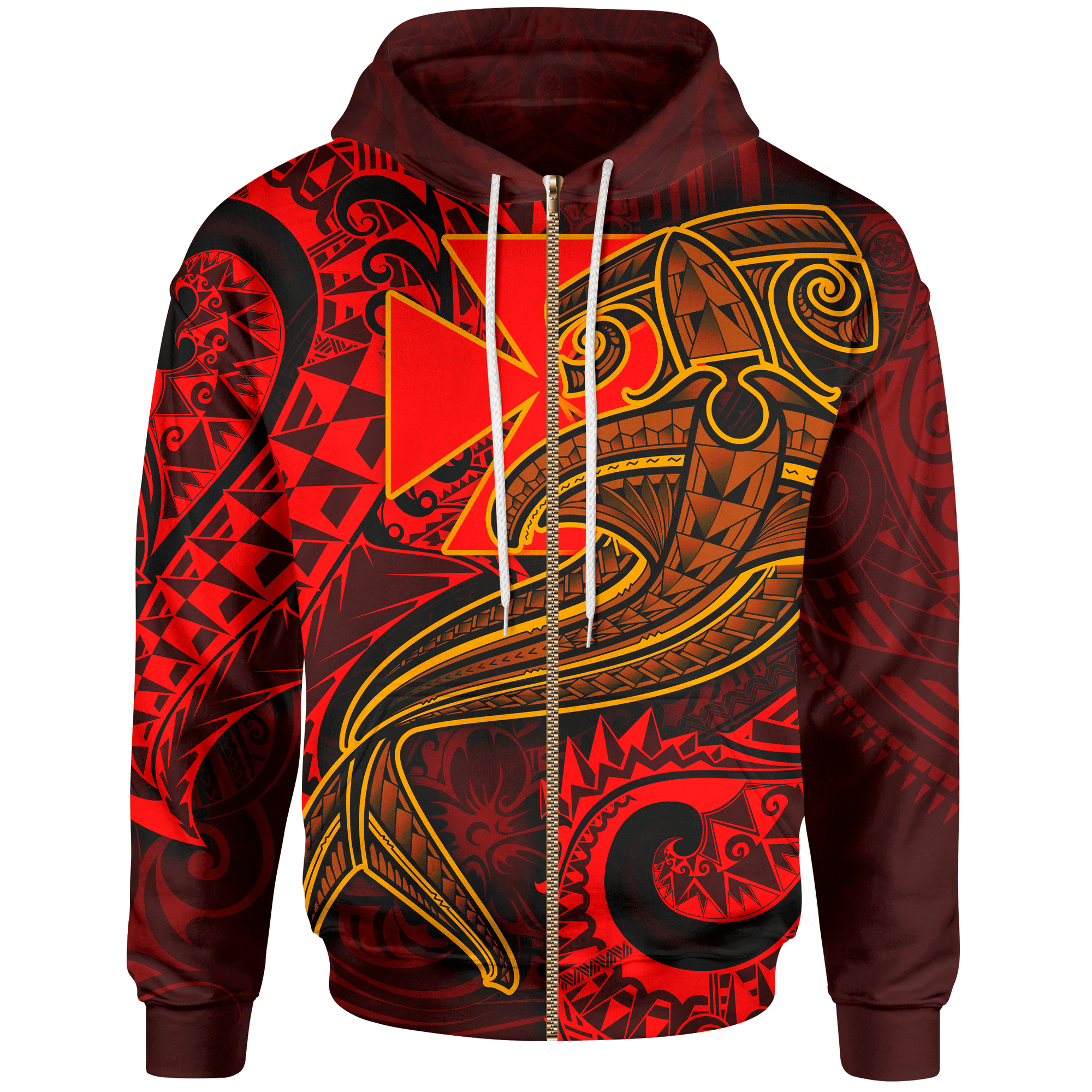 Polynesian Wallis and Futuna Zip up Hoodie Red Shark Polynesian Tattoo Unisex Red - Polynesian Pride