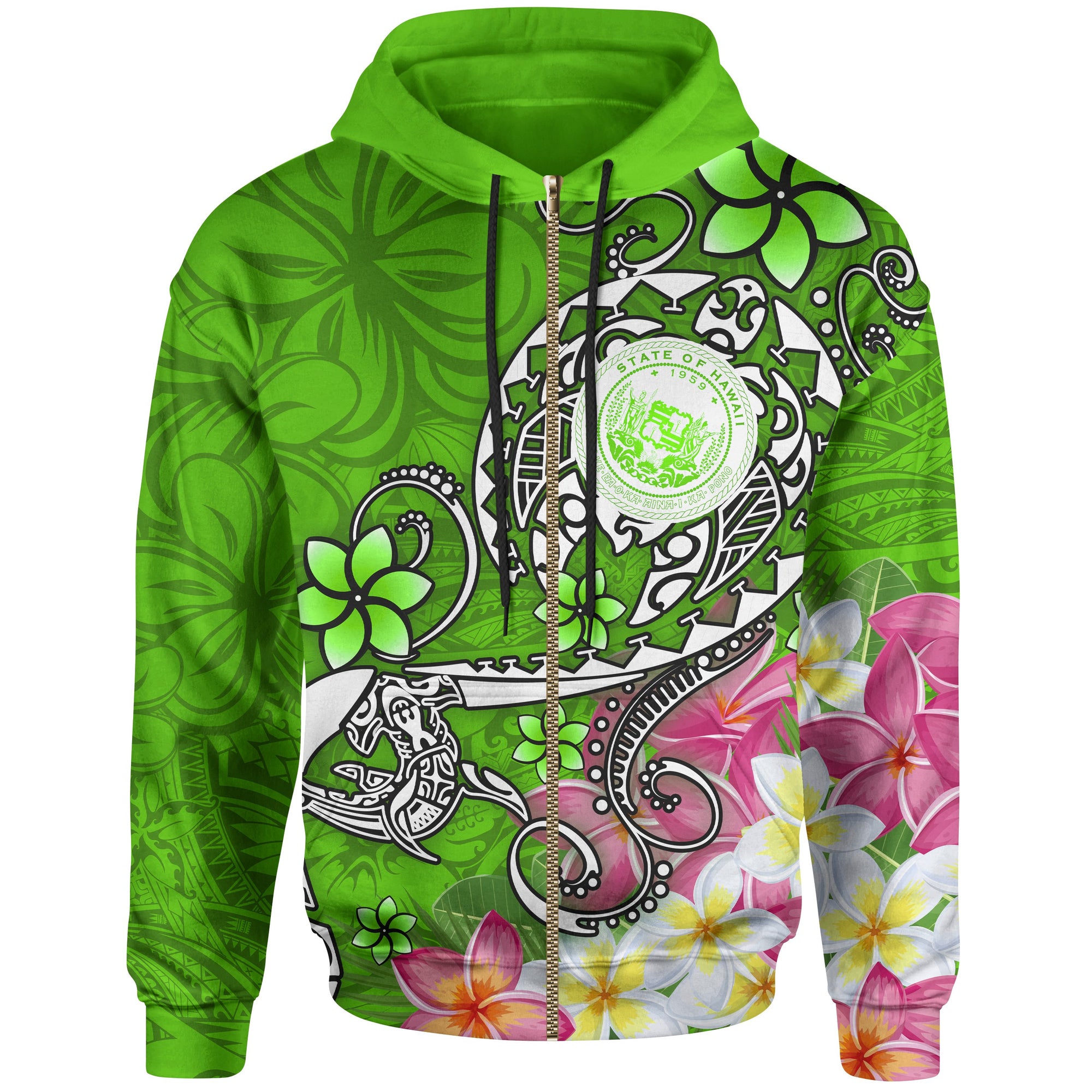 Hawaii Polynesian Zip up Hoodie Hawaii Seal With Turtle Plumeria (Green) Unisex Green - Polynesian Pride