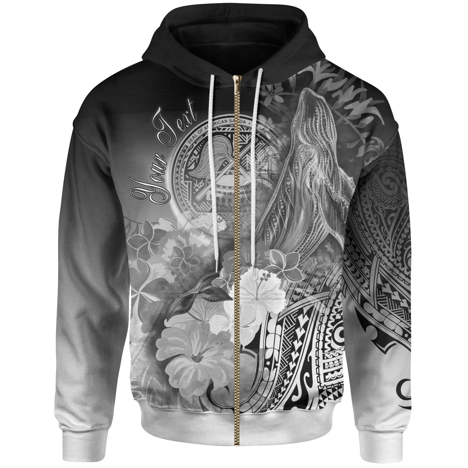 American Samoa Polynesian Custom Zip up Hoodie Humpback Whale with Tropical Flowers (White) Unisex White - Polynesian Pride