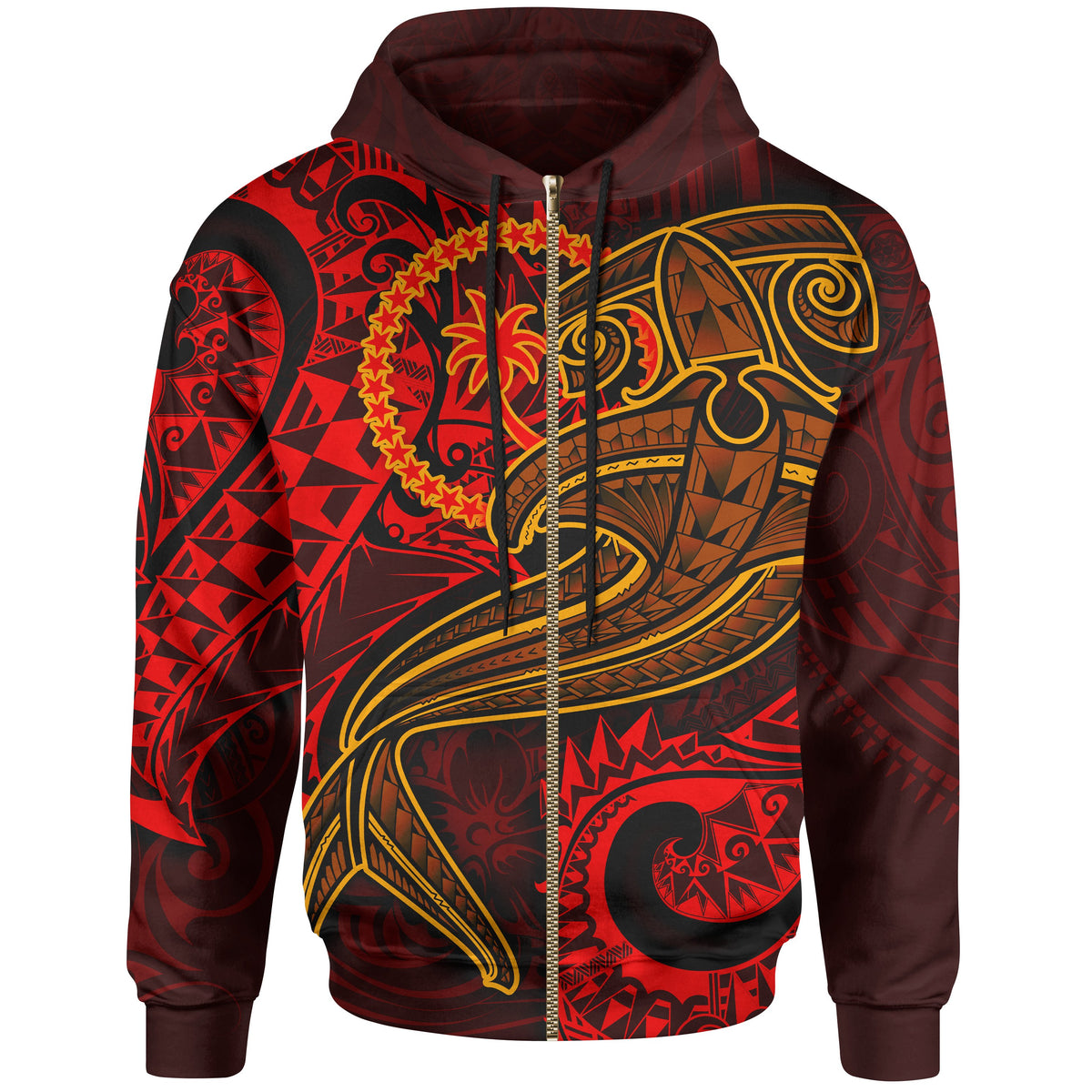 Chuuk Zip up Hoodie Red Shark Polynesian Tattoo Unisex Red - Polynesian Pride