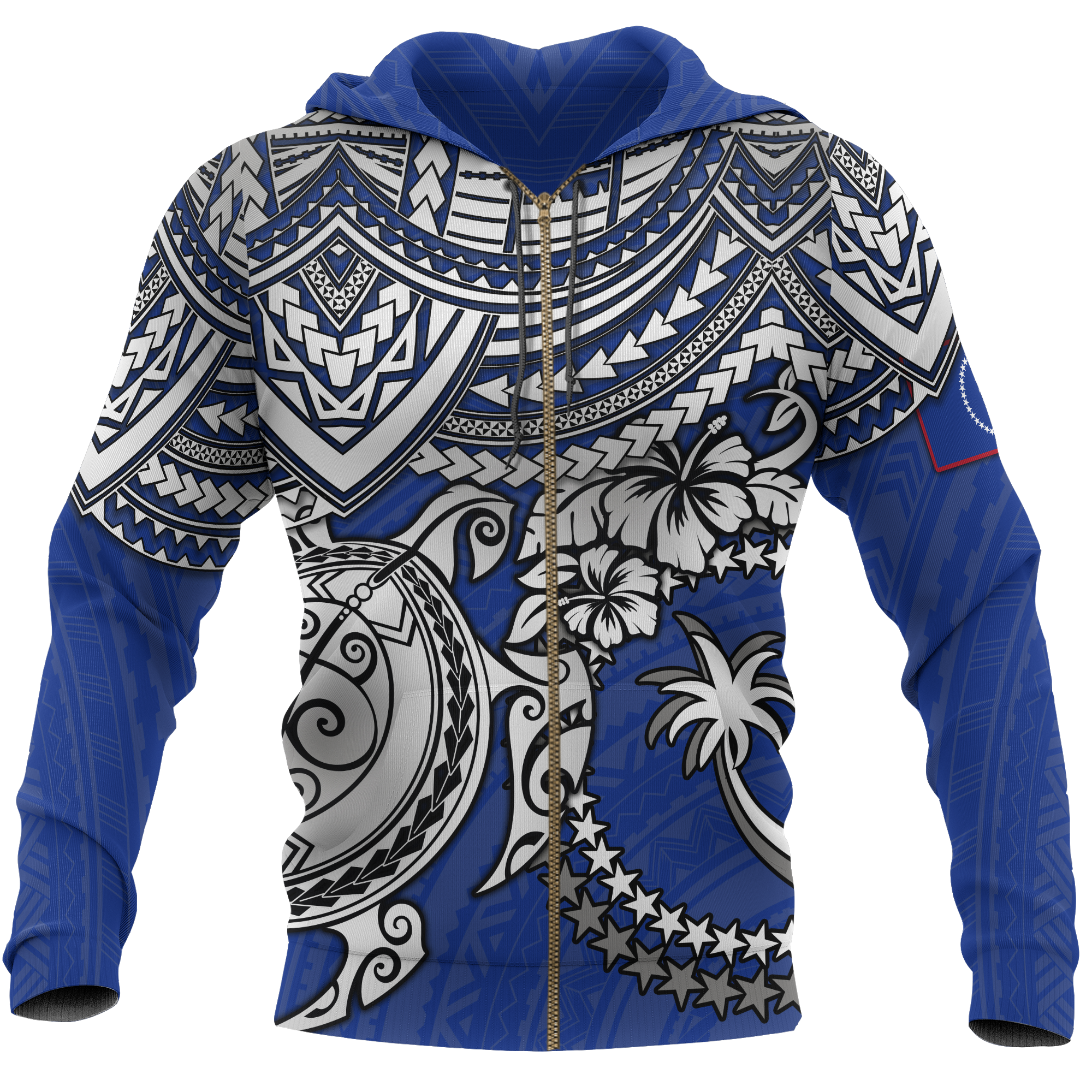 Chuuk Polynesian Hoodie (Zip up) White Turtle (Blue) Unisex Blue - Polynesian Pride