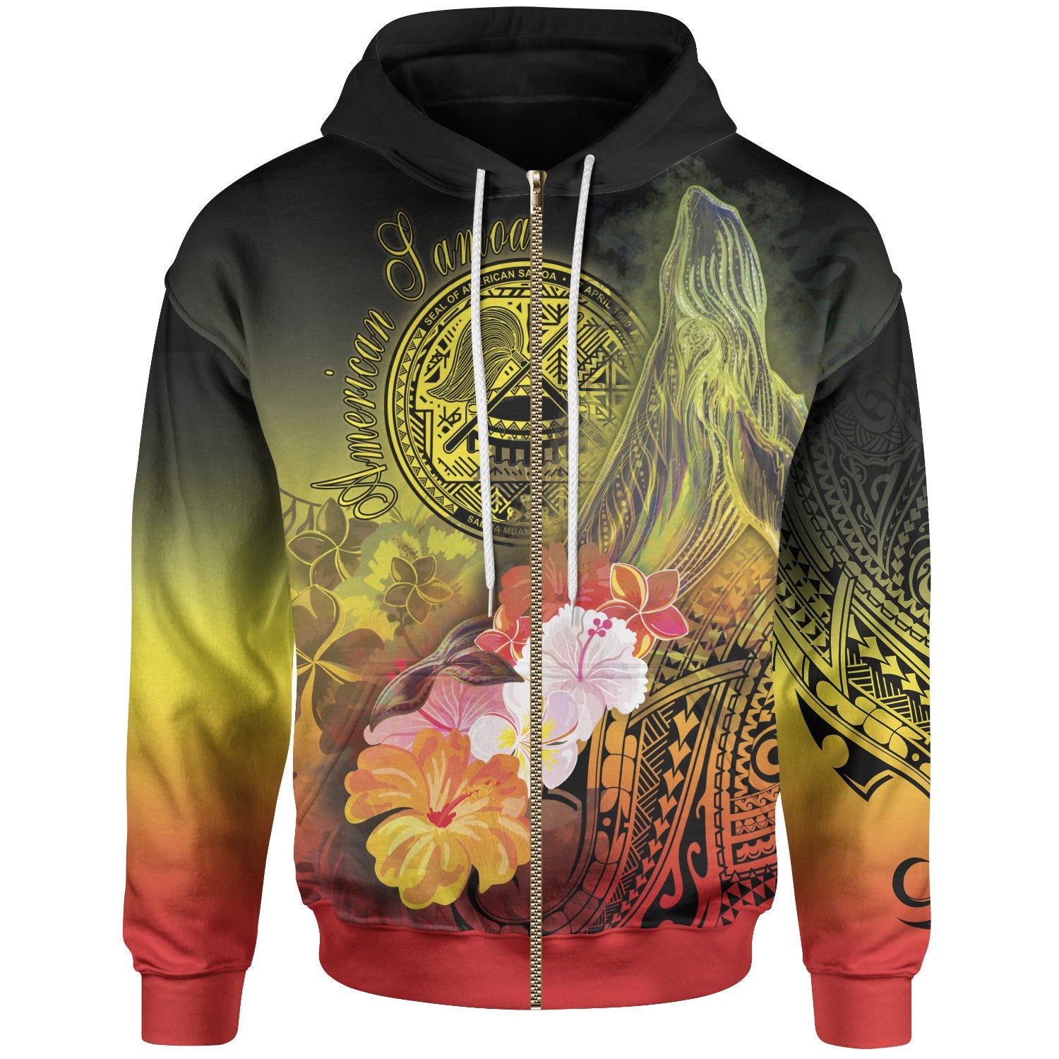 American Samoa Polynesian Zip up Hoodie Humpback Whale with Tropical Flowers Unisex Blue - Polynesian Pride