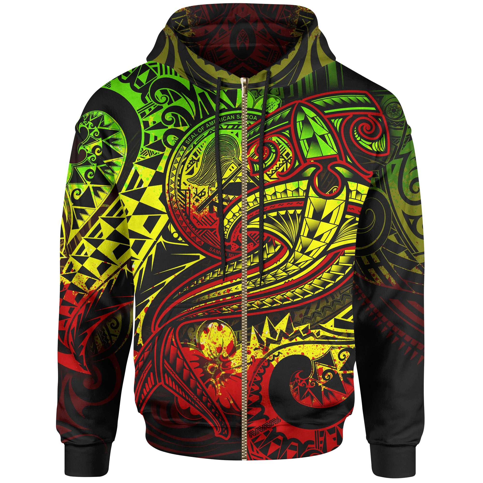 American Samoa Zip up Hoodie Reggae Shark Polynesian Tattoo Unisex Red - Polynesian Pride