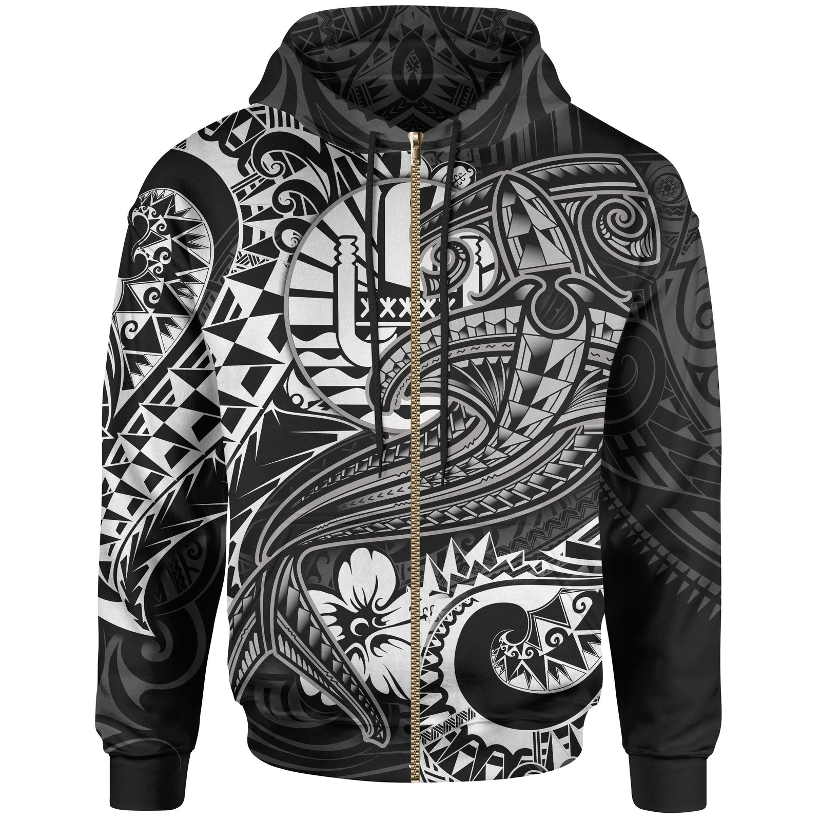 Tahiti Zip up Hoodie White Shark Polynesian Tattoo Unisex White - Polynesian Pride