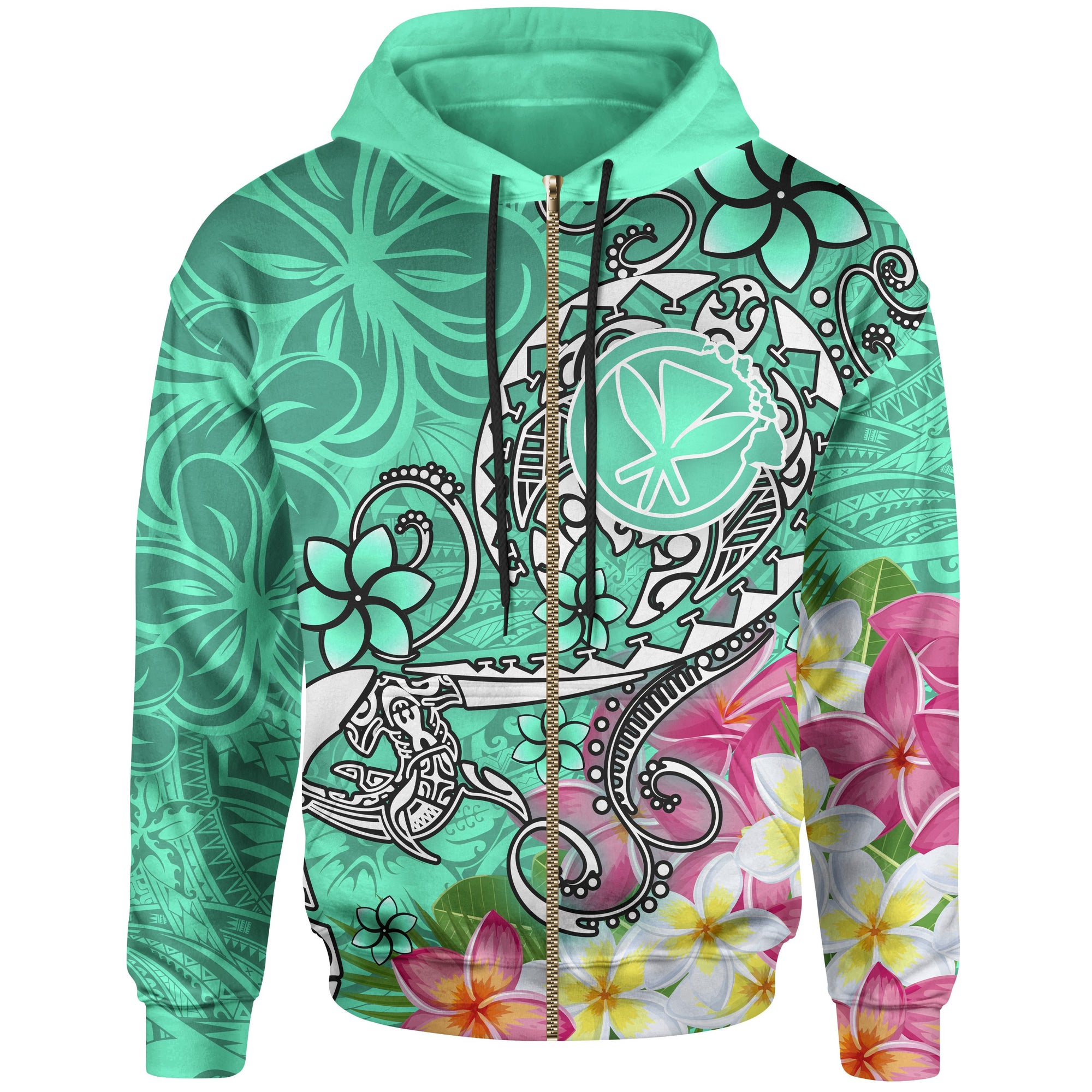 Hawaii Zip up Hoodie Turtle Plumeria Polynesian Tattoo Turquoise Color Unisex Turquoise - Polynesian Pride