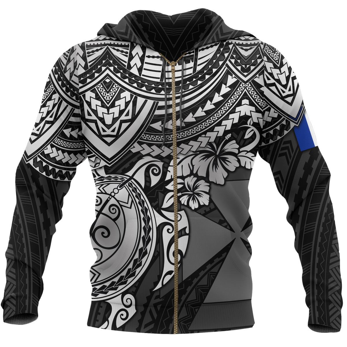 Wallis and Futuna Polynesian Hoodie (Zip up) White Turtle Unisex BLACK - Polynesian Pride