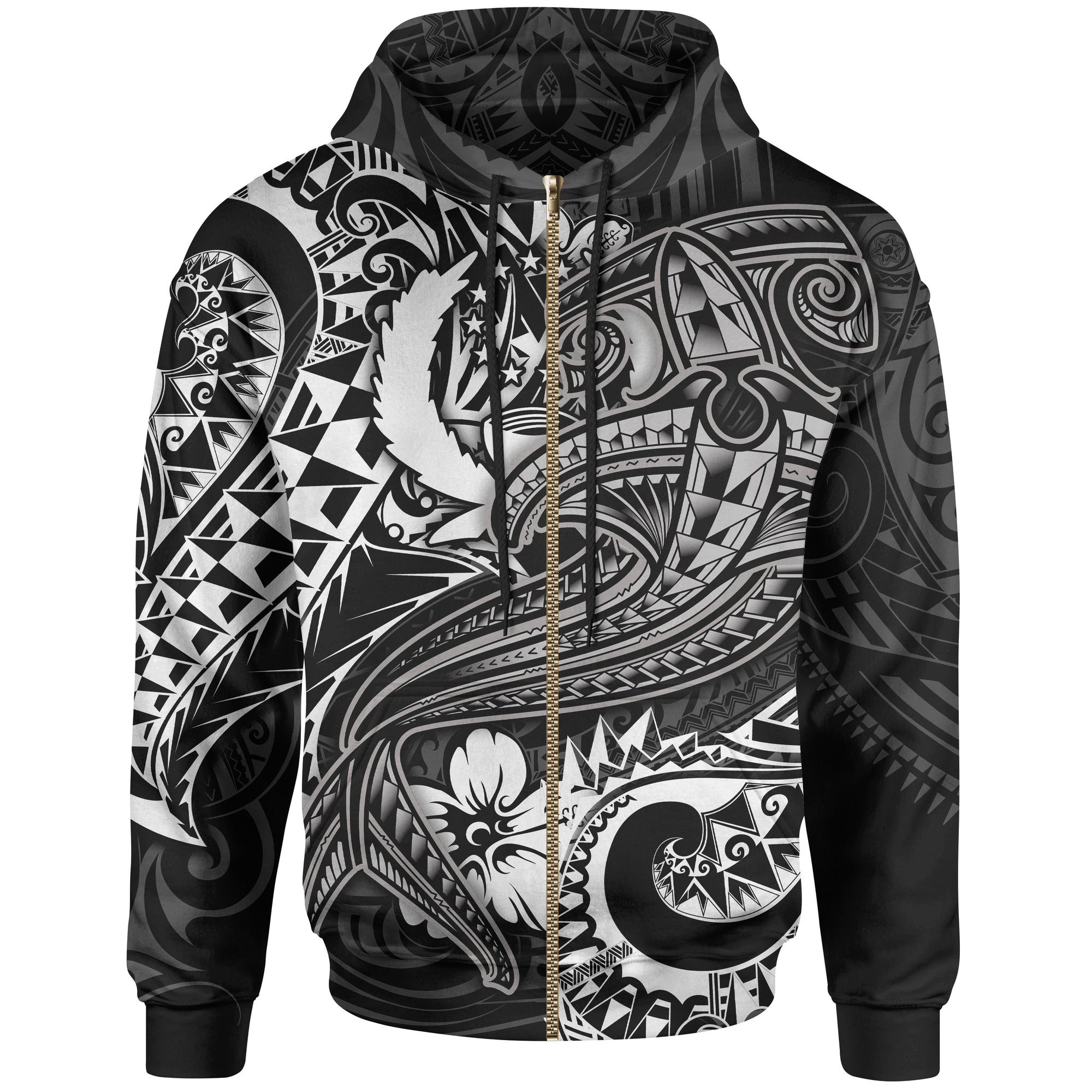 Pohnpei Zip up Hoodie White Shark Polynesian Tattoo Unisex White - Polynesian Pride