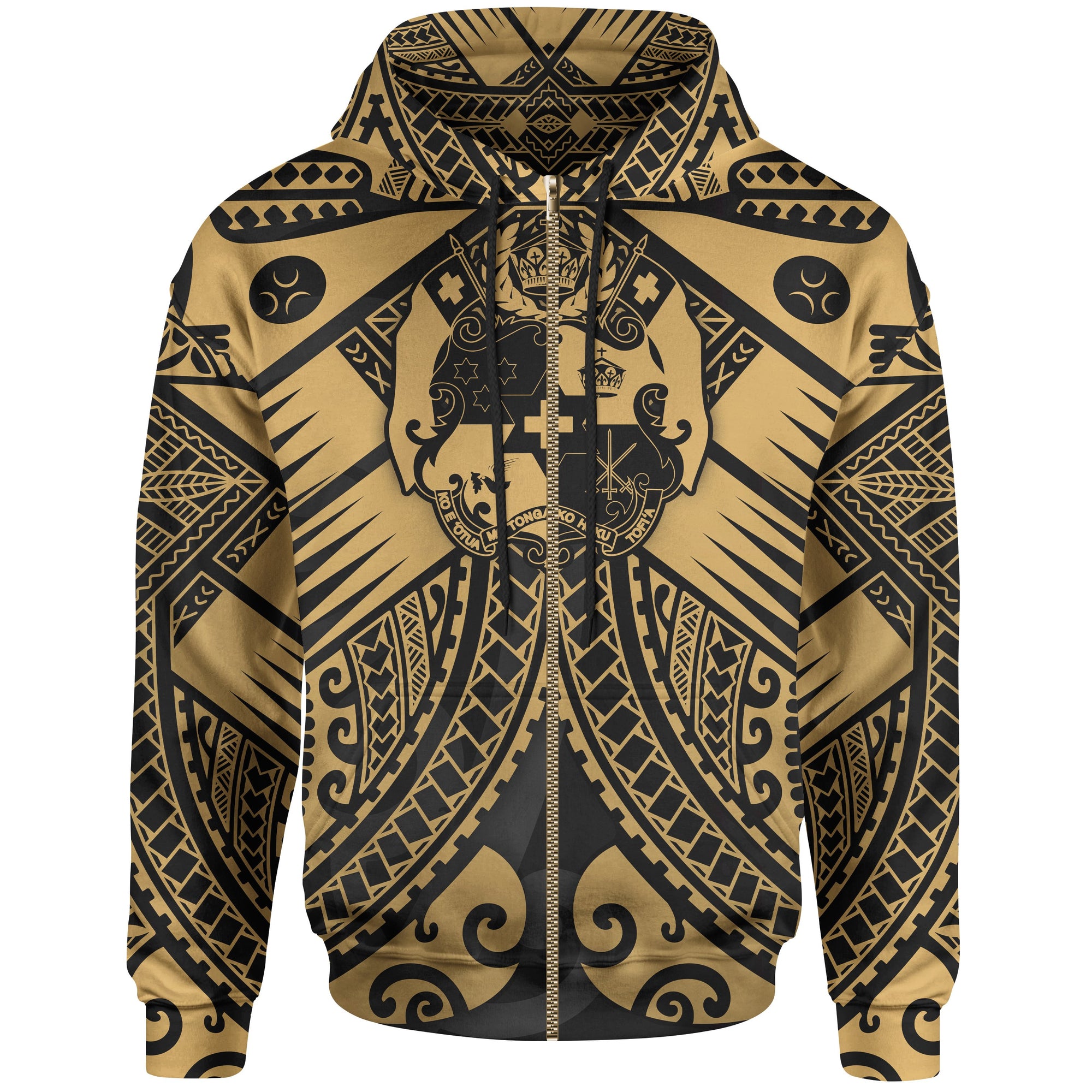 Tonga Polynesian Zip up Hoodie Tonga Gold Seal with Polynesian tattoo Unisex Gold - Polynesian Pride