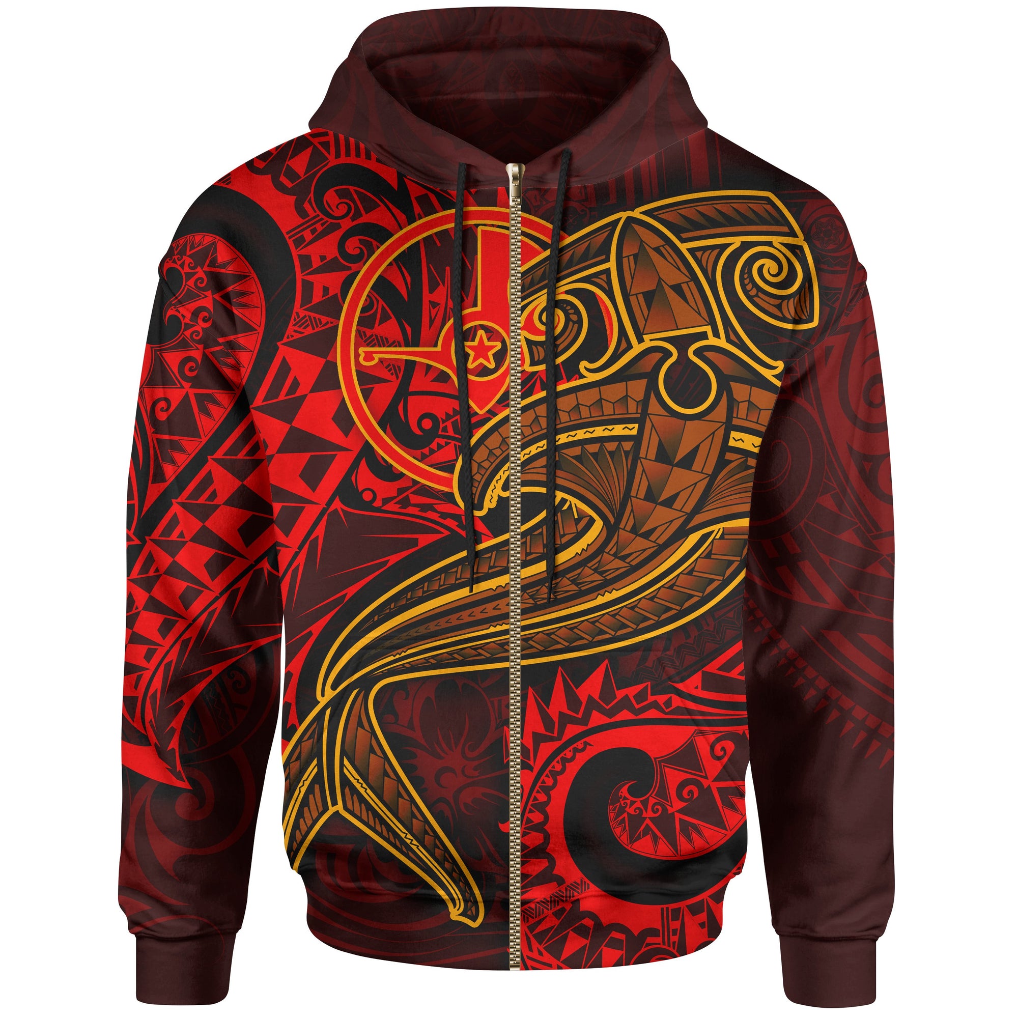 Yap Zip up Hoodie Red Shark Polynesian Tattoo Unisex Red - Polynesian Pride