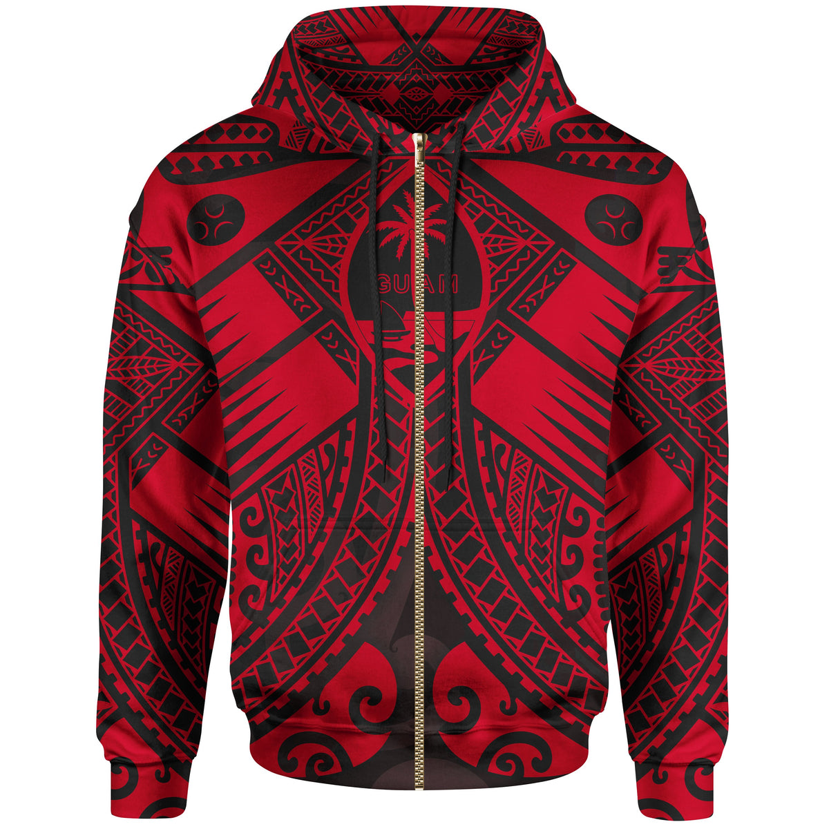 Guam Polynesian Zip up Hoodie Red Guam Coat of Arms Polynesian Tattoo Unisex Red - Polynesian Pride