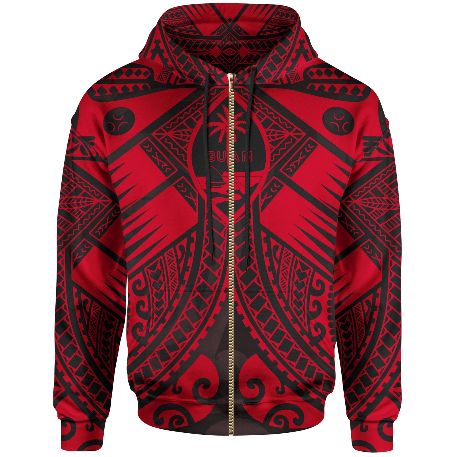 Guam Polynesian Zip up Hoodie Red Guam Coat of Arms Polynesian Tattoo Unisex Red - Polynesian Pride