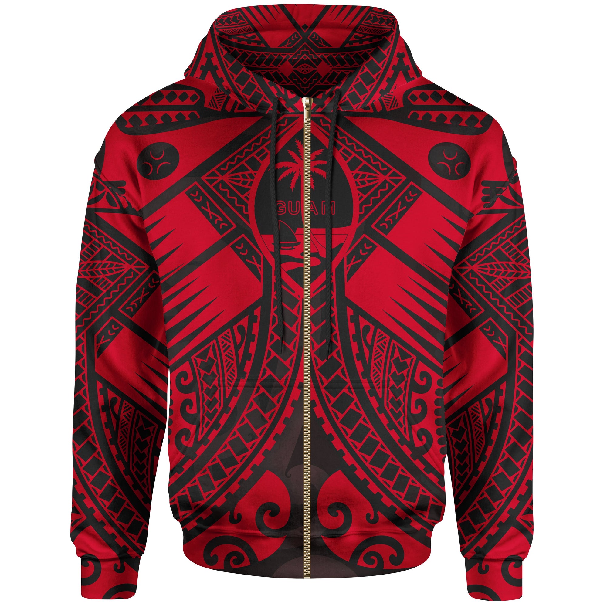Guam Polynesian Zip up Hoodie Red Guam Coat of Arms Polynesian Tattoo Unisex Red - Polynesian Pride