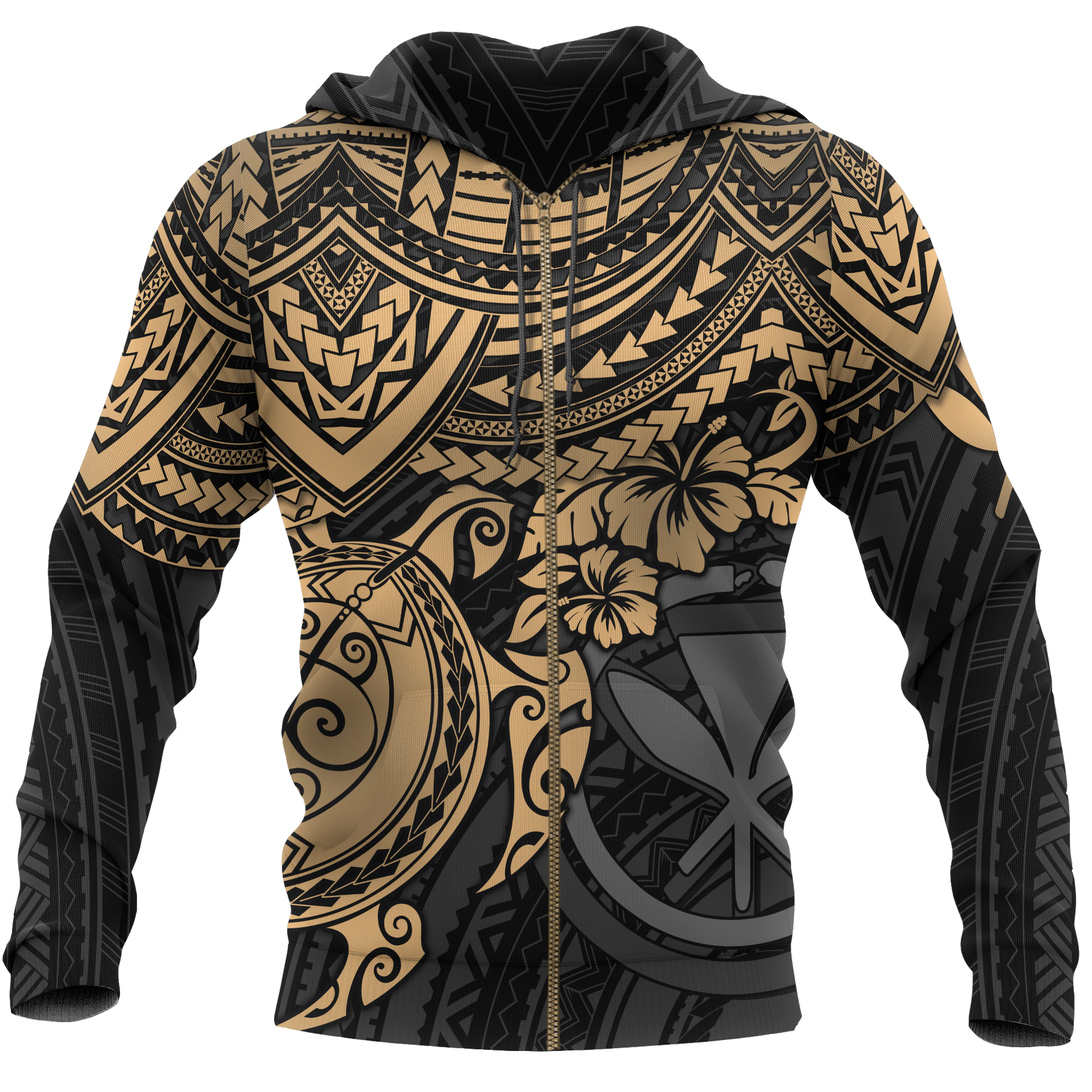 Polynesian Hawaii Hoodie (Zip up) Gold Turtle Unisex GOLD - Polynesian Pride