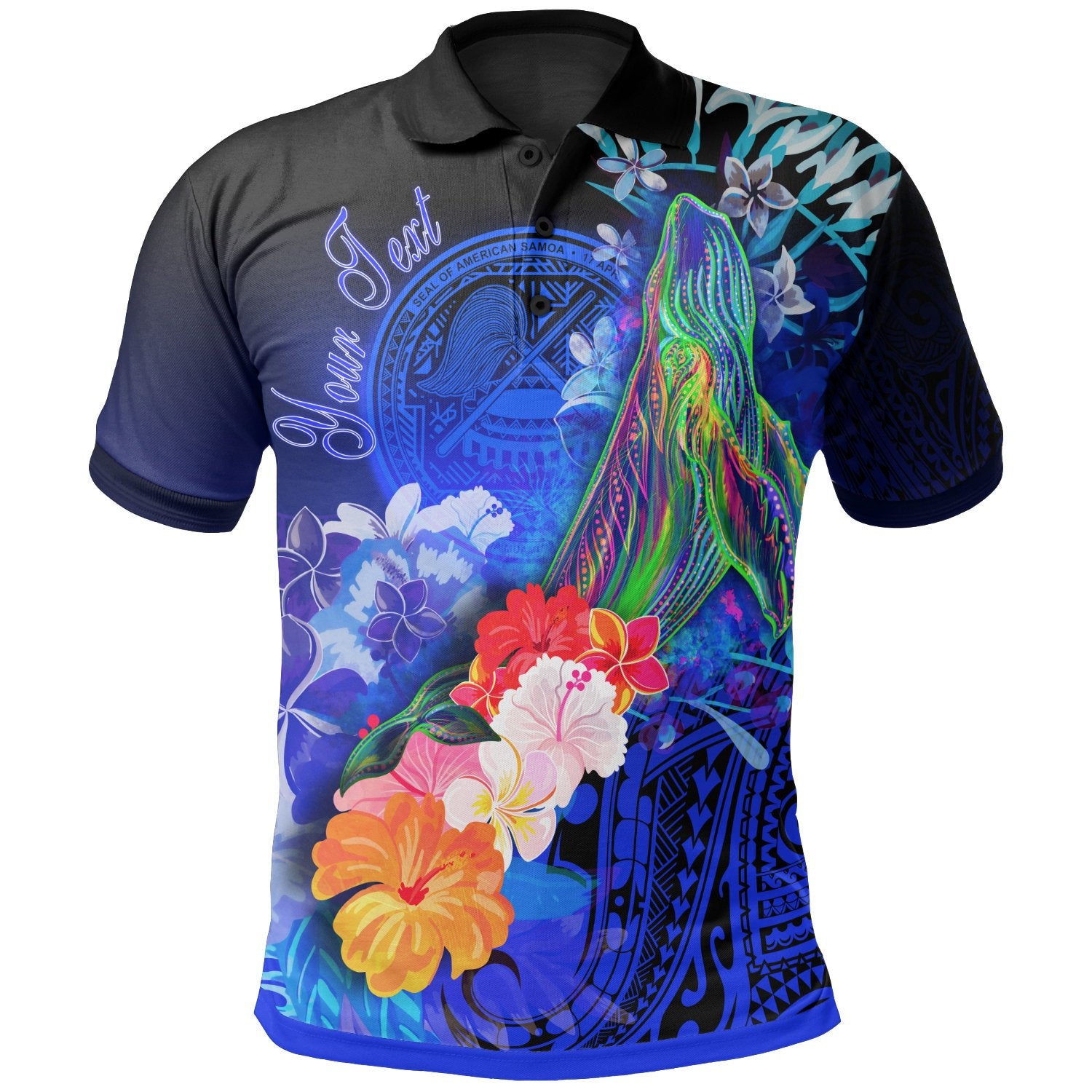 American Samoa Polynesian Custom Polo Shirt Humpback Whale with Tropical Flowers Unisex Blue - Polynesian Pride